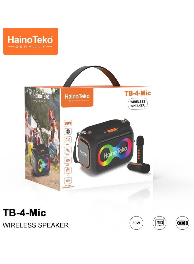 Haino Teko TB-4 Portable Wireless Bluetooth Speaker with 2 Wireless Microphones, 50W Powerful Sound, RGB Lighting, Multi-Function Button Control, Rechargeable Battery – Black - Image 4